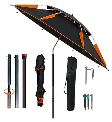 Image de Parasol de 160 cm de diamètre avec piquet, pivotant à 360°, pliable, avec pare-vent et sac de transport, protection solaire UV 50 avec piquet, pour balcon, jardin, terrasse et plage