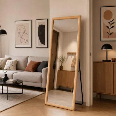 Produktbild von AIORBER Ganzkörperspiegel Standspiegel mit Massivholzrahmen Wandspiegel 159x49.5 cm Ankleidespiegel Klappbar Natur