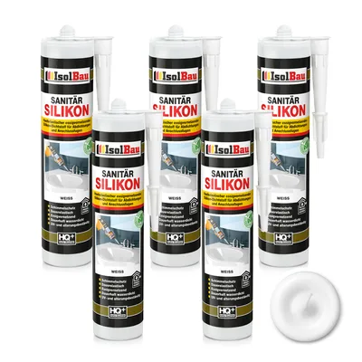 Produktbild von Isolbau Sanitär Silikon 5 x 300 ml Weiß - Hochelastischer Silikon-Dichtstoff für Abdichtungen & Fugen – Schimmelresistent, wasserdicht -  Kartusche