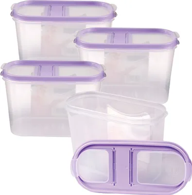 A set of four clear plastic food storage containers with purple lids, arranged in a staggered formation on a white background.