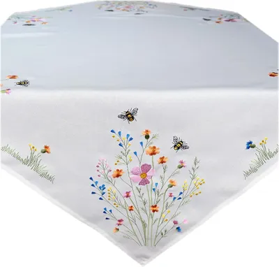 Produktbild von Tischdecke 110 x 110 cm mit Blumen- und Bienenstickerei für Sommer und Frühling
