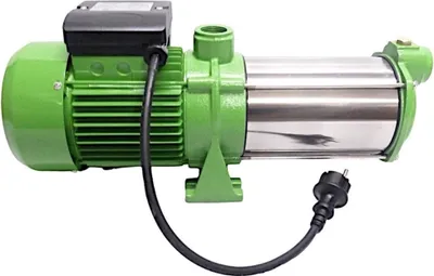 A green and silver water pump with a black power cord and plug, isolated on a white background.