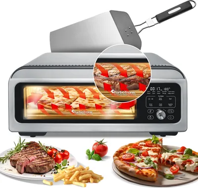 Produktbild von Pec na pizzu do 400 stupňů s kamennou pecí a litinovým plechem vnitřní / venkovní elektrická zahrada pro domácí pečení pizzy stolní kamenná pec tarte flambée mobile