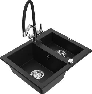 Produktbild von Mexen Carlos 1,5-Becken-Granitspüle mit Mischbatterie Duo, Schwarz - 6518-77-671701-07