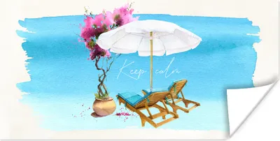 Produktbild von MuchoWow® Poster Strandkorb - Sonnenschirm - Blumen - Aquarell 120x60 cm - Bild