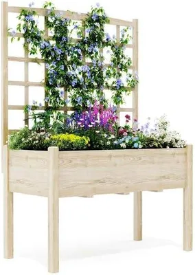Imagen del producto de Cama elevada de madera con enrejado para plantas trepadoras, cama elevada sobre patas para jardín, balcón o terraza, jardinera para plantas trepadoras, aproximadamente 118 x 59 x 166 cm (largo x ancho x alto), color natural, 1 unidad
