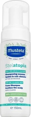 Produktbild von Mustela Stelatopia Schaum-Shampoo 150 ml für Kinder & Babys ab Geburt, tränenfrei, hypoallergen, ohne Parfüm, Parabene, Seife, Phthalate, lindert Reizungen & Juckreiz bei atopischer Haut & Milchschorf, Pumpflasche