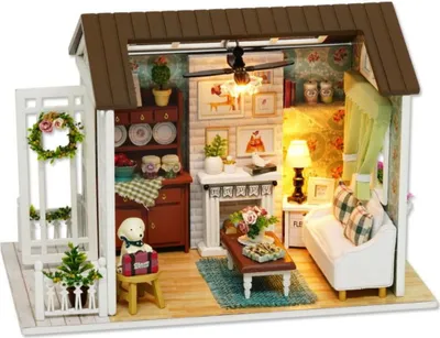 Obrázek produktu pro Habarri | Miniaturní Domeček - DIY Domeček pro Panenky - Dřevěný Domeček s Nábytkem a LED Osvětlením - Dárek pro Děti - Dům Na Venkově