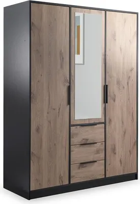 Produktbild von BETTSO Kleiderschrank mit Spiegel und Schubladen 3 Türiger Kleiderschrank TILA 3D Schwarz Matt+Eiche Wiking