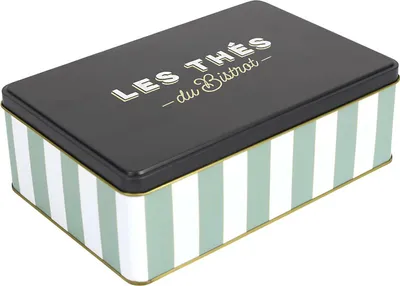 Zdjęcie produktu dla HowHomely | Pojemnik na herbatę - Puszka do przechowywania herbaty - 20 x 13 x 7 cm - Czarna - Puszka na herbatę - Metalowa - z etykietą
