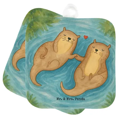 Produktbild von Mr. & Mrs. Panda Topflappen Otter Hände halten Design - Weiß - Geschenk, Kochlappen, topfhalter, Set, glücklich, Verliebt, Topflappenset, Topfuntersetzer, Paar, Liebe