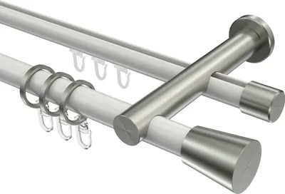 Produktbild von Interdeco Rundrohr-Innenlaufstange / Gardinenstange (Kombination) Weiß / Edelstahl-Optik, Typ Platon Sitra (Konus), 20 mm Ø 2-läufig, 400 cm