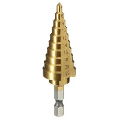 Zdjęcie produktu dla Wiertło stopniowe, wiertło stożkowe stopniowe, wiertło stopniowe ze stali szybkotnącej, wiertło stopniowe 4-22 mm, wiertło stopniowe z chwytem sześciokątnym, wiertło stożkowe stopniowe tytanowe, wiertło stopniowe do wiercenia otworów