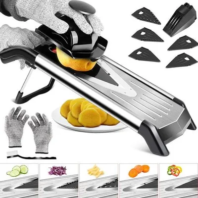 Productafbeelding van Famanu mandoline groentesnijder met V-vormig mes en 5 opzetstukken - Multifunctioneel en verstelbaar