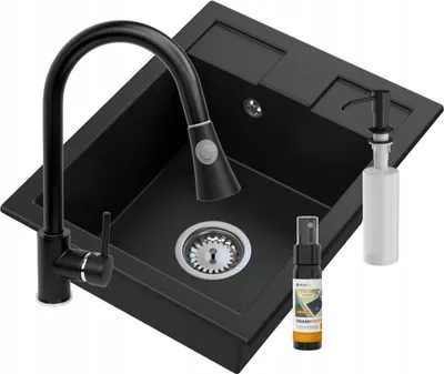 Produktbild von Granitan | Granitspüle - Küchenspüle - BEST - 1-Becken - mit Armatur - mit Siphon - Schwarz/Beige - 50 x 40 cm