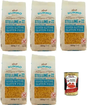 Produktbild von Rummo Pasta Nudeln Glutenfreie Stelline N° 22, Bronze Gezeichnete gluteinfrei, perfekt für Menschen mit Zöliakie oder Glutenunverträglichkeit, 5x 400 g + Italian Gourmet polpa 400g