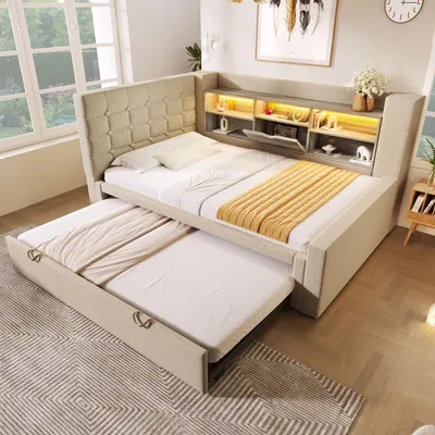 Image de Lit rembourré avec lit d'appoint coulissant et éclairage LED, espace de rangement dans la tête de lit en L, pouvant être monté des deux côtés, sommier à lattes inclus, sans matelas, 90 x 200 cm, beige
