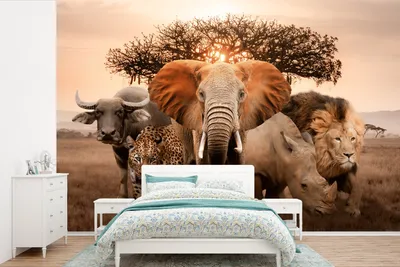 Produktbild von MuchoWow® Fototapete für Wohnzimmer oder Schlafzimmer Wandtapete Vinyl Motivtapete Tiere - Elefant - Löwe - 330x220 cm - Fototapeten