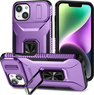 Produktbild von Handyhülle für iPhone 13 Dual Layer Hülle mit Schiebe Kamera Schutz und Ringhalter Ständer Lila