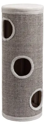 Imagen del producto de Casa para gatos "Fudajo Forest" de madera, en tonos crema y multicolor, con una altura de 106 cm y un diámetro de 40 cm. Incluye cojín. Casa para gatos con 3 entradas