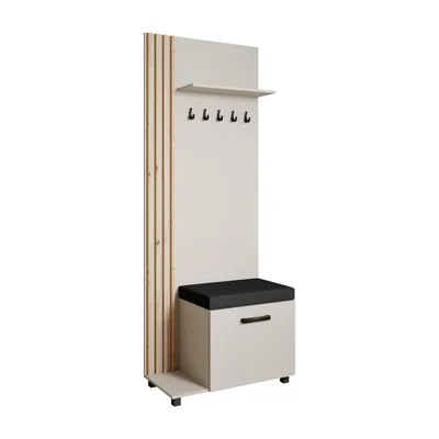 Produktbild von Garderobenschrank LIVIA Links Kaschmir - Garderobe mit Kleiderhaken, Schuhschrank, Lamellen in Eiche, schwarzem Sitzkissen, Hochschrank, Flurmöbel