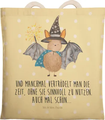 Produktbild von Mr. & Mrs. Panda Tote Bag Fledermaus Zauberer - Gelb Pastell - Geschenk, Stofftragetasche, Magier, Beuteltasche, shopping, Lustige Sprüche, Einkaufstasche, Reinsteigern