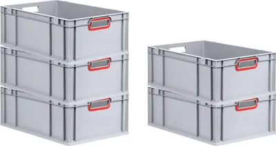 Produktbild von SparSet 5x Eurobox NextGen Color | HxBxT 22x40x60cm | 44 Liter | Griffe rot offen | Verstärkter Boden | Grau | Eurobehälter, Transportbox, Transportbehälter, Stapelbehälter