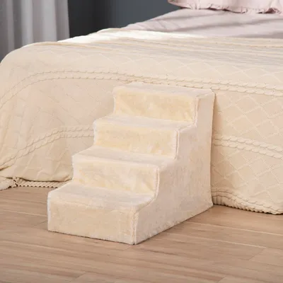 Produktbild von Hundetreppe 4-stufig für Bett & Sofa, Haustiertreppe waschbarer Plüschbezug, Spanplatte Plüsch, Beige | 60x35x44 cm | bis 30 kg | maschinenwaschbar