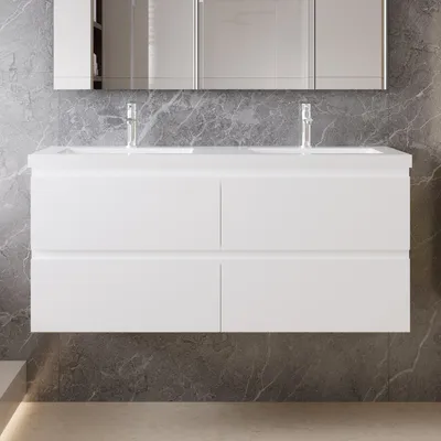 Produktbild von 120 cm Badmöbel-Set Unterschrank mit Mineralguss waschtisch 4 Schubladen soft-close Weiß Matt Selbstmontierter