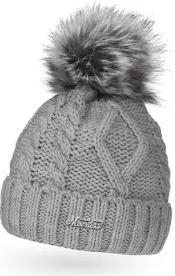 Produktbild von gefütterte Damen Strickmütze Fell-Bommel Fleece-Futter Kunstfell Winter-Mütze Bommelmütze Neverless® Hellgrau unisize