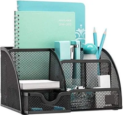 Produktbild von Schreibtisch-Organizer – Metall-Organizer mit 6 Fächern und Schublade, Stifthalter für Stifte, Haftnotizen, Hefter und Büroklammern (schwarz)