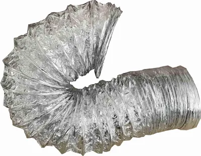 A flexible aluminum air duct hose, coiled and isolated on a white background.