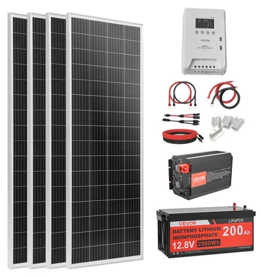 Obrázek produktu pro Kompletní solární systém VEVOR 400W, off-grid systém, včetně: 4x 100W monokrystalických solárních panelů, 12,8V 200Ah LiFePO4 baterie, 40A MPPT regulátoru nabíjení a 12V 2000W měniče, fotovoltaický off-grid systém pro domácnost