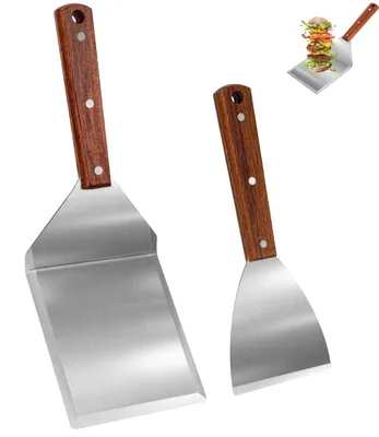 Produktbild von Grillspatel-Set aus Edelstahl, Grillspatel-Set mit Holzgriff, Kreativer Grillwender, Einzigartige Grillwerkzeuge, Plancha-Spatel, Teppanyaki-Zubehör