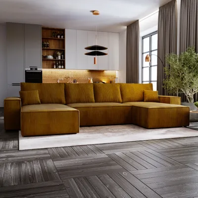 Produktbild von Ecksofa MOSEN U-form 370x181 cm mit Bettkasten und Schlaffunktion - Poso 01 / Senffarbe
