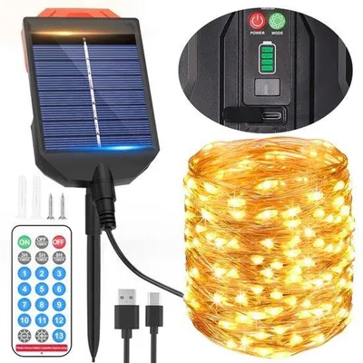 Zdjęcie produktu dla Łańcuch świetlny solarny do użytku zewnętrznego, z gniazdem ładowania typu C, długość 30 metrów, 300 diod LED, przewód miedziany, 13 trybów świecenia