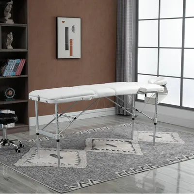 Produktbild von Massageliege klappbar 3 Zonen Aluminium, Massagetisch höhenverstellbar, Massagebank PVC-Leder, Weiß | 215 x 81 cm | 9 Höhenstufen | bis 225 kg
