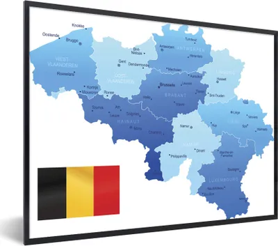 Produktbild von MuchoWow® Gerahmtes Poster Eine Illustration einer blauen Karte von Belgien mit der Flagge 40x30 cm - Poster mit Schwarzem Bilderrahmen Wandposter Rahmen Foto Bilder - Kunstposter - Wanddekorationen