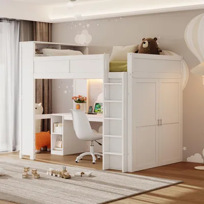 Zdjęcie produktu dla Łóżko piętrowe 90x200 cm z drabiną i biurkiem, łóżko piętrowe z szafą, łóżko dziecięce z portem USB i oświetleniem LED, białe, drewniane
