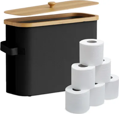Produktbild von Relaxdays Toilettenpapier Aufbewahrung, 12 Rollen, HBT: 33 x 45 x 16 cm, Stoff, Bambus, Klopapier Korb, Vorrat, schwarz