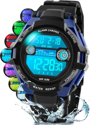Produktbild von 7-Farben LED Armbanduhr Kinder mit Wecker Stoppuhr Datum 5 ATM Wasserdicht Outdoor Sport