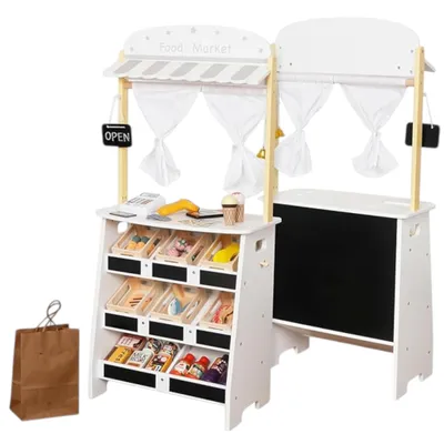 Immagine prodotto di Negozio di giocattoli e teatro per bambini 2-in-1 di GINGER HOME, ideale per giochi di ruolo, completo di cassa, terminale POS e scanner con effetti sonori, giocattoli e accessori. Dimensioni: 45 x 24 x 97,5 cm. Adatto a bambini dai 3 anni in su