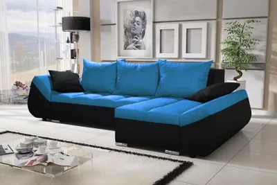 Produktbild von Ecksofa Sofa KLEO mit Schlaffunktion Schwarz-Blau Ottomane Rechts