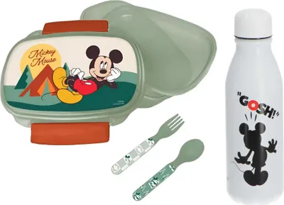 Produktbild von Disney Mickey Maus 4 tlg Kinder Lunch Set Brotdose Alu-Trinkflasche Besteck