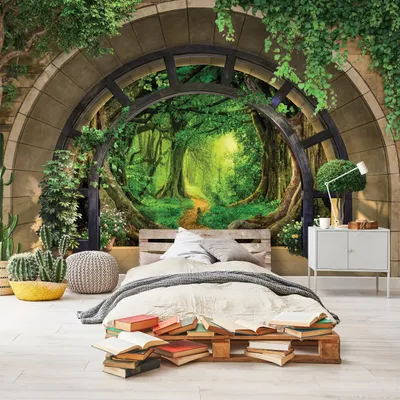 Produktbild von Vlies Fototapete 3D EFFEKT Wald Baum ( 416x254 cm - 4 Bahnen ) Fensterblick Ausblick inklusive Kleister Wohnzimmer Schlafzimmer Wandtapete Tapete Latexdruck UV-Beständig Montagefertig