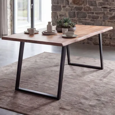 Produktbild von FineBuy Esszimmertisch 200cm rechteckig Massivholz Akazie Baumkante Industrial Esstisch Baumstamm Massiv Küchentisch Baumkantentisch U-Gestell Schwarz