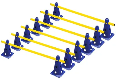 Productafbeelding van Pionnen markeringspaaltjes steekhoeden - Set 6-delig - 12 blauwe kegels 22,5 cm - 6 gele stangen 1 m
