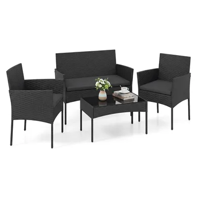 Immagine prodotto di Set di mobili da giardino in polyrattan COSTWAY, set da giardino per esterni, set di sedute con 2 sedie, panca, tavolo e cuscini, mobili da terrazza, mobili da balcone, nero