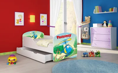 Produktbild von ACMA I Jugendbett Kinderbett Junior-Bett Komplett-Set mit Matratze Lattenrost Weiß 35 Hubschrauber 140x70 + Bettkasten