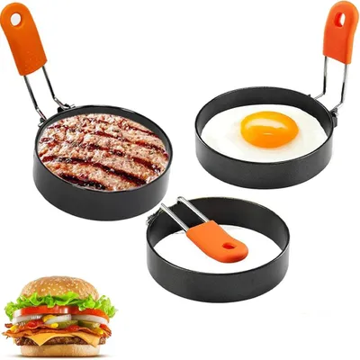 Produktbild von 3 Stück Edelstahl Spiegeleiform - Ø7.5 cm - Edelstahl - Klappgriff - Kochringe - Rund - für Spiegelei Pfannkuchen Omeletts Braten
